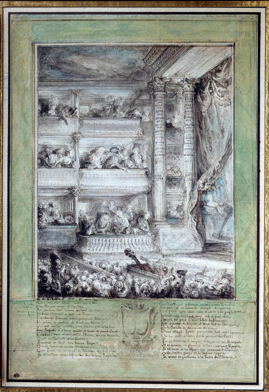 伏尔泰 (1694-1778) 在法国剧院的加冕典礼 12/04/1778 水彩画 by Gabriel Jacques de Saint-Aubin (1724-1780) 0.35x0.24 m 巴黎，卢浮宫博物馆 作者 加布里埃尔·德·圣奥班