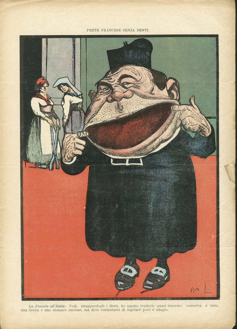 加兰塔拉（1865-1937）在《意大利新闻报》上的插图，05/08/06 - 反教权主义, 宗教信仰, 意大利语, 外国新闻 - 玛丽安, 治疗 - 长牙 作者 加布里埃尔·加兰塔拉