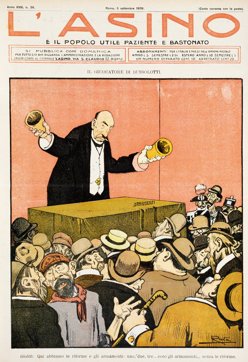 贝壳游戏玩家，献给乔瓦尼·乔利蒂（Giovanni Giolitti，1842-1928 年）的讽刺漫画，来自 1909 年 9 月 5 日的《L