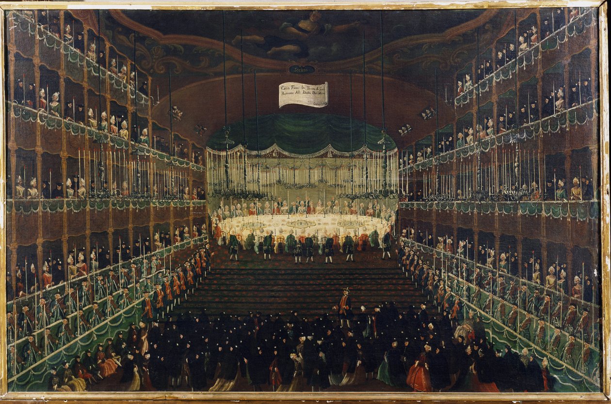 A Meal at the San Benedetto Theatre - “” Reception in honor of the princes of the North”” Banquet bringing together ambassadors. Painting by Gabriel Bella (1730-1799) 18th century Venice, Galleria Fondazione Querini Stampalia 作者 加布里埃尔·贝拉