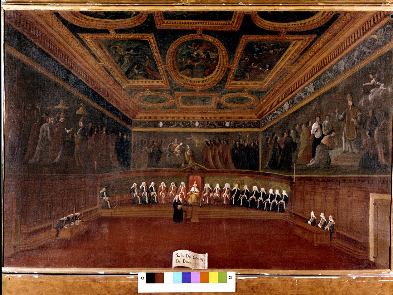 18 世纪总督宫的十人委员会 - Sala Del Consilgio di Dieci 1725 - 十人委员会的房间，威尼斯总督宫（18 世纪），Gabriele Bella（1730 - 1799） - 总督和议会 十。 科雷尔博物馆。 威尼斯 作者 加布里埃尔·贝拉