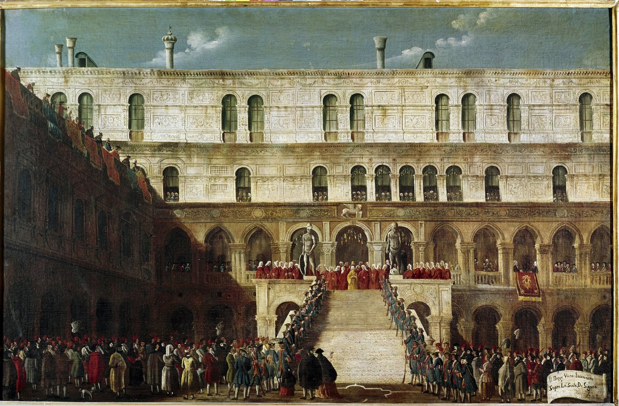 Induction of the Doge to the Staircase of the Geants（总督在威尼斯的 Scala dei Giganti 上加冕） - Gabriele Bella 作画（约 威尼斯，奎里尼·斯坦帕利亚基金会 作者 加布里埃尔·贝拉