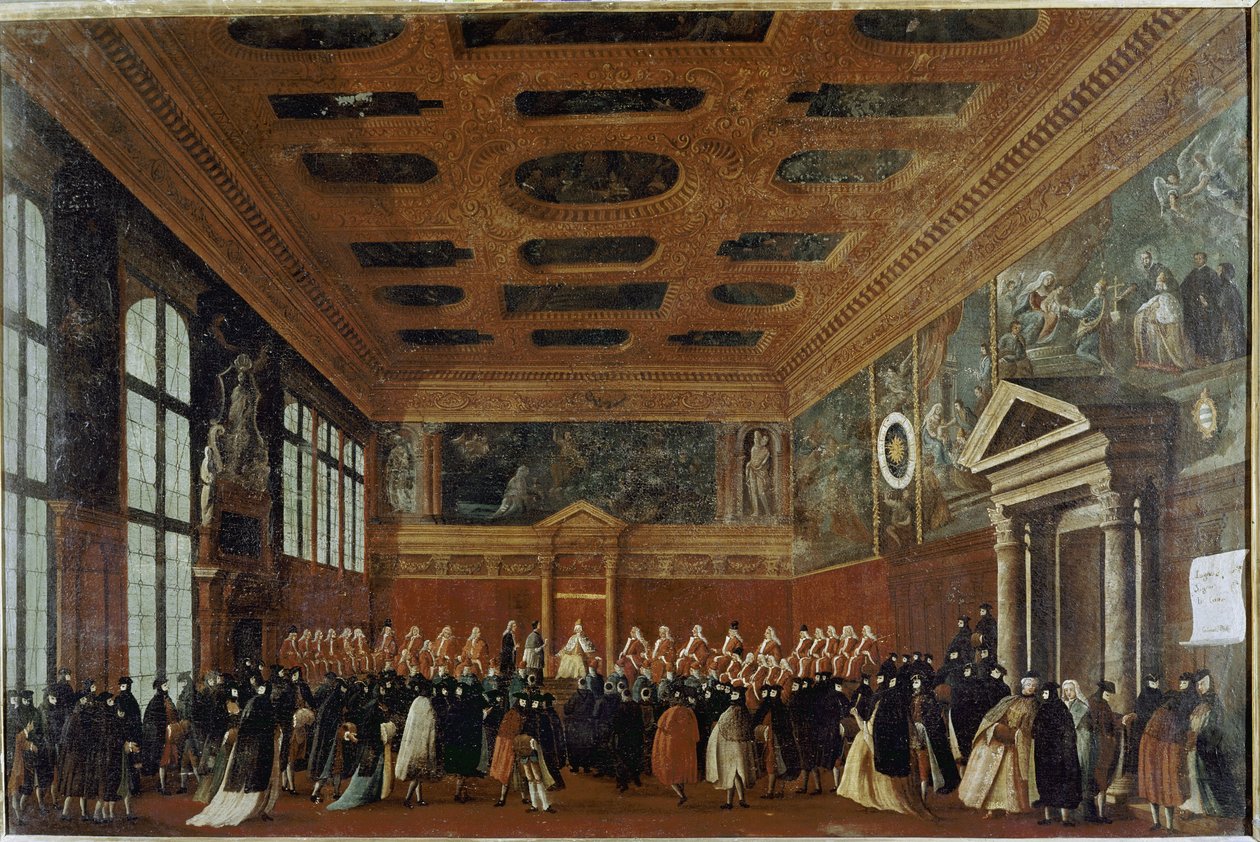 学院大使招待会（威尼斯，学院大使招待会） - Gabriele Bella（约 1730-1799 年）绘画，布面油画，99x150 厘米。 威尼斯，奎里尼·斯坦帕利亚基金会 作者 加布里埃尔·贝拉