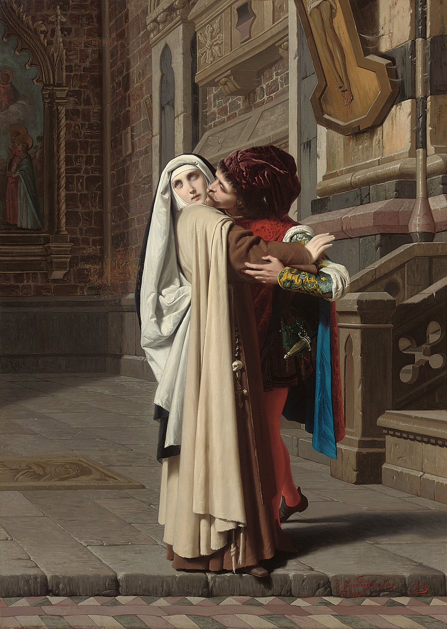 Fra Filippo Lippi和Lucrezia Buti的拥抱，1871年 作者 加布里埃尔·卡斯塔尼奥拉（Gabriele Castagnola）