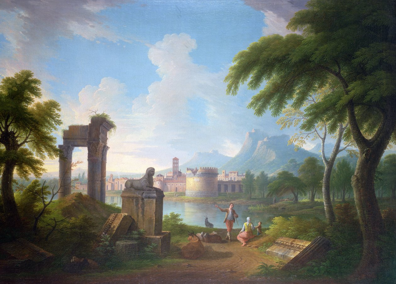 山区河流景观与塞西莉亚梅特拉墓和Campovaccino钟楼，1752年（布面油画放在masonite上） 作者 加布里埃尔·里查德利（Gabrielle Ricciardelli）