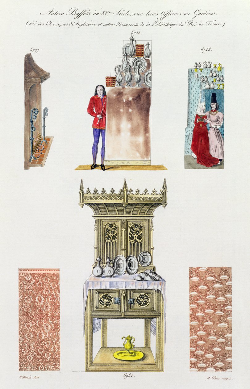 十五世纪的家具，来自&39;Monuments Francais&39;，Amedee Peree的版画，1839年 作者 加布里埃尔·威勒敏