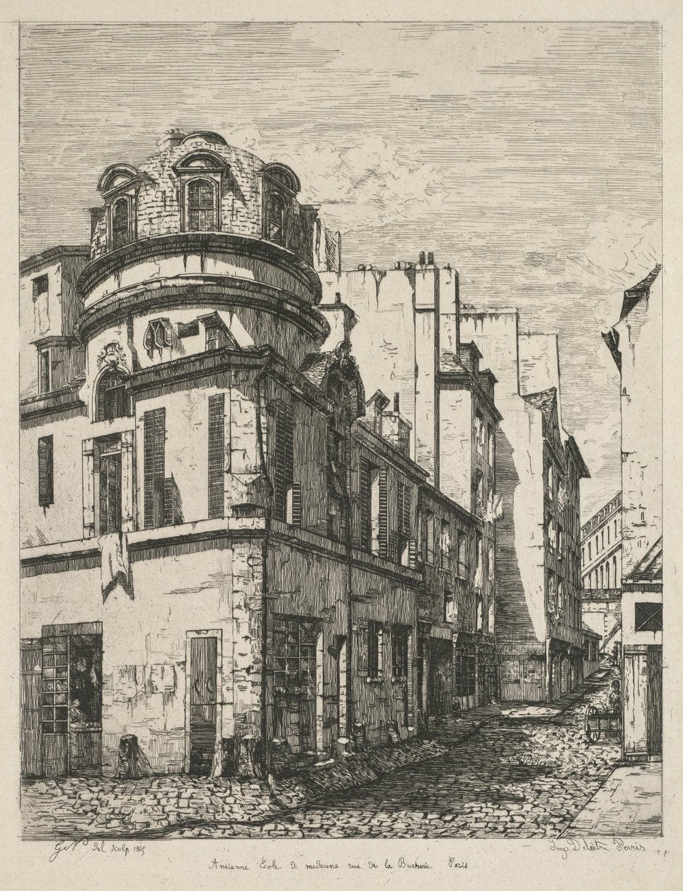 老巴黎蚀刻：1865年，前医学院rue de laBûcherie... 作者 加布里埃尔·玛丽·尼尔