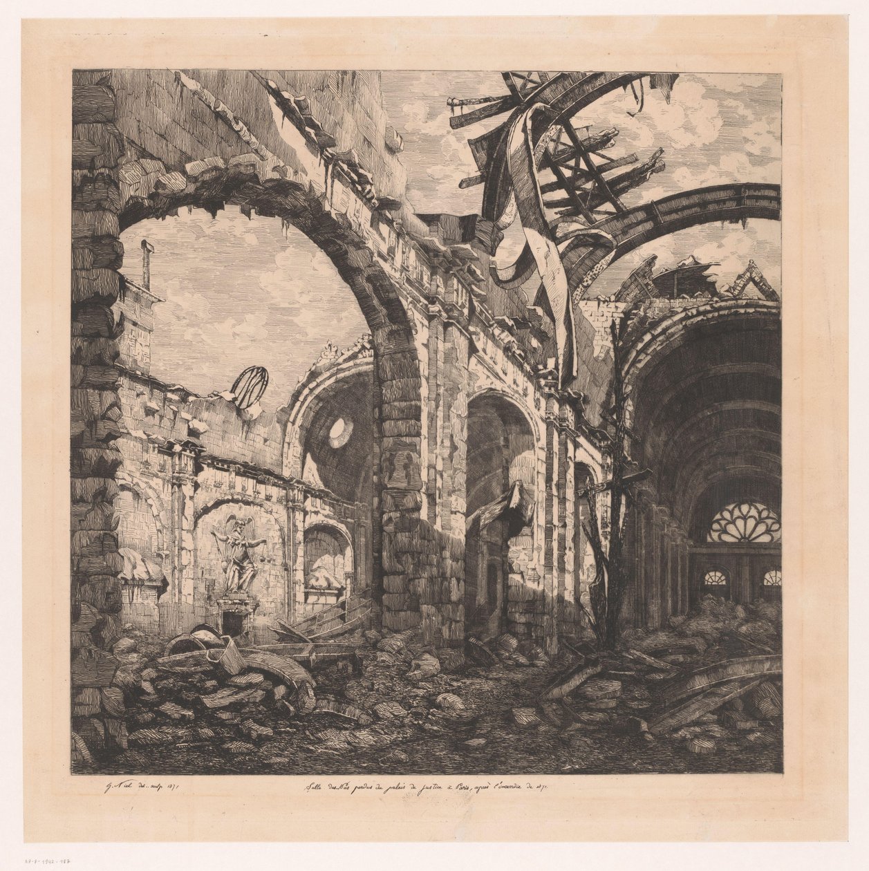 Ruïne van de Salle des pas perdus in Parijs na de brand van 1871
1871 年大火后巴黎司法宫内的 Salle des pas perdus（标题见实物） 作者 加布里埃尔·玛丽·尼尔