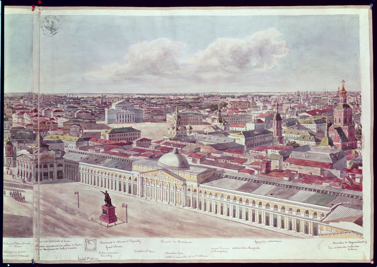 莫斯科全景，描绘了1819年红场百货商店&39;口香糖&39;和莫斯科大剧院（见170139-170146） 作者 加多尔