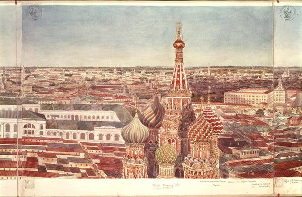 莫斯科全景，描绘圣巴西尔大教堂，1819年（纸上wc）（见170139-170146） 作者 加多尔