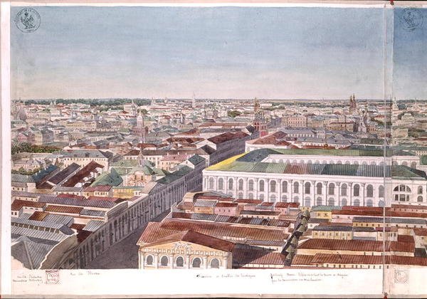 莫斯科的全景，描绘了1819年Gostiny Dvor的前市场广场和证券交易所（纸上的wc）（见170139-170146） 作者 加多尔