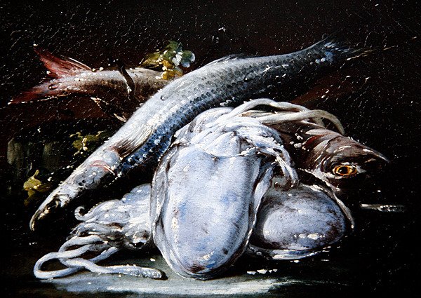 鱿鱼、灰鲻鱼和红鲻鱼在石板上休息（布面油画） 作者 加埃塔诺·库萨蒂（Gaetano Cusati）