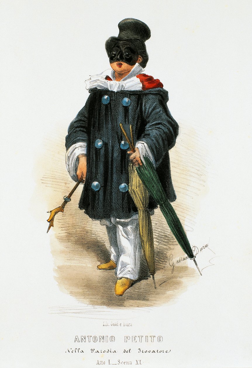 演员安东尼奥-佩蒂托（1822-1876）在模仿《游吟诗人》中的舞台装束，石版画，作者是加埃塔诺-杜拉（1805-1874）。 作者 加埃塔诺·杜拉（Gaetano Dura）