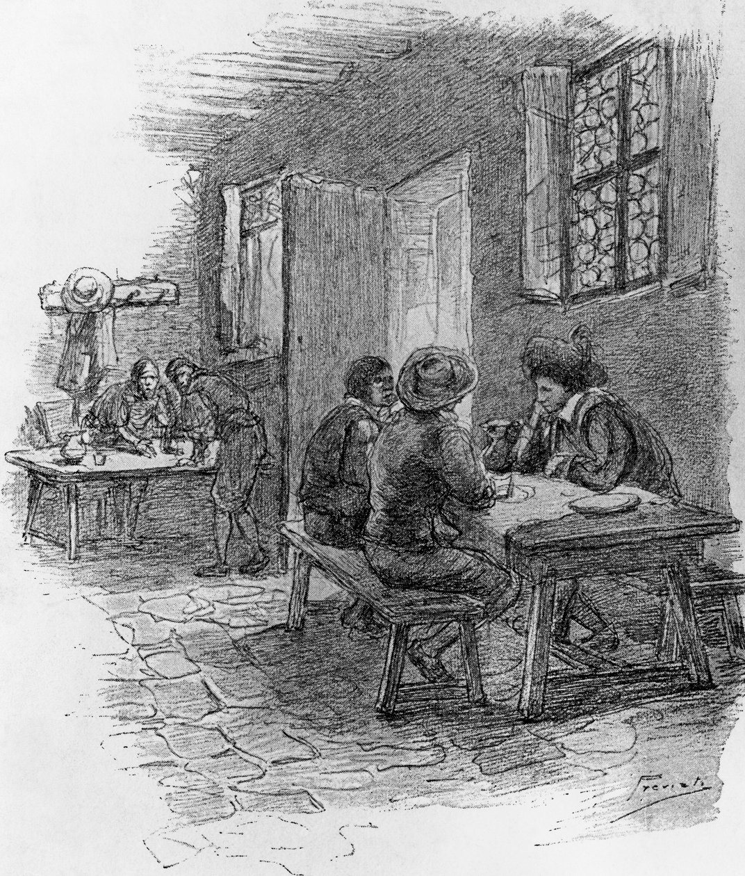 伦佐、托尼奥和格瓦斯在旅馆，第七章，盖塔诺-普雷维亚蒂（1852-1920）为亚历山德罗-曼佐尼（1785-1873）的历史小说《订婚者》所作的插图。 作者 加埃塔诺·普雷维亚蒂（Gaetano Previati）