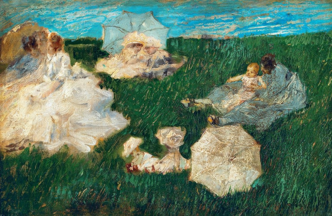 带孩子在花园里的女人，1896年， 作者 加埃塔诺·普雷维亚蒂（Gaetano Previati）