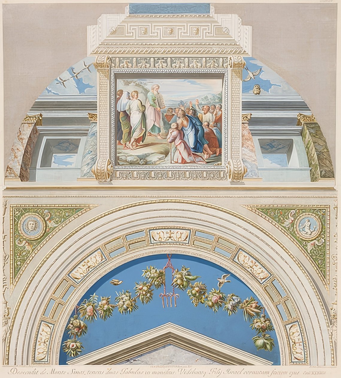 摩西的前挡板和拱形区域展示了法律的典范。 1774年 作者 盖塔诺·萨沃雷利（Gaetano Savorelli）