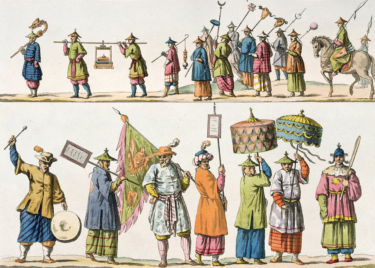 中国皇帝游行的主要参与者，来自朱利奥·费拉里奥的“Le Costume Ancien et Moderne”的插图，出版于1820年代至30年代 作者 加埃塔诺·桑孔（Gaetano Zancon）
