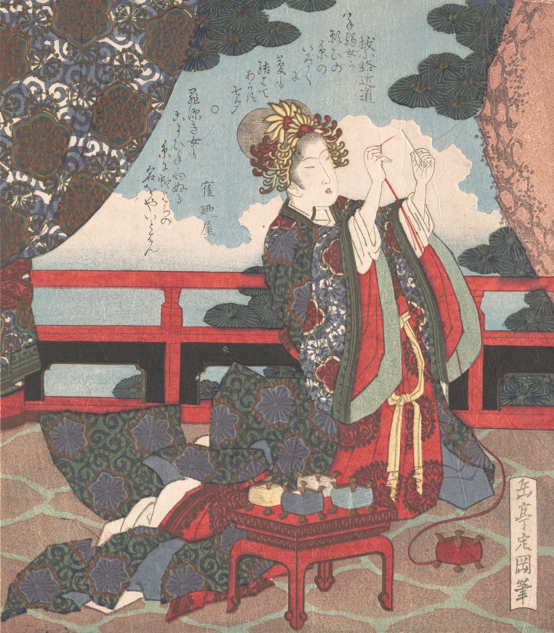 在阳台上穿针引线的女士，19世纪。 作者 学亭