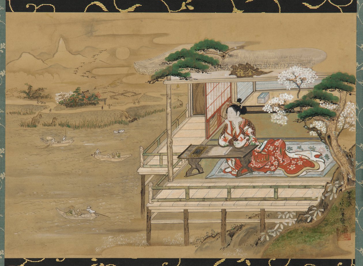 江户时代，19世纪，村崎涉在石山寺创作《源氏物语》。 作者 学亭