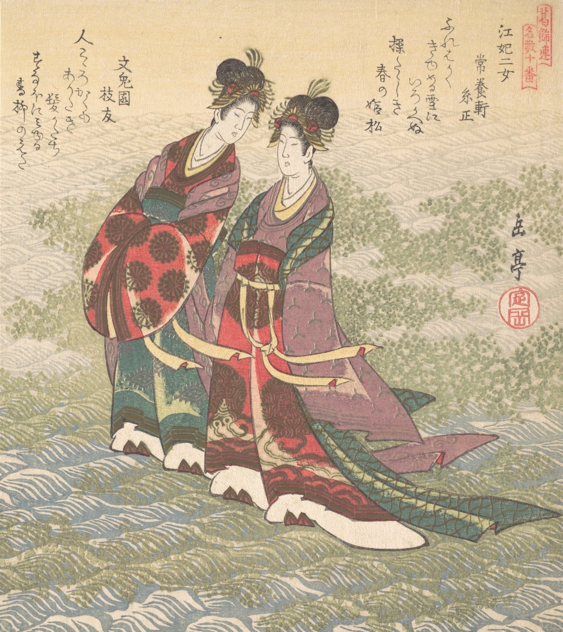 两位在水上行走的女士，19世纪。 作者 学亭