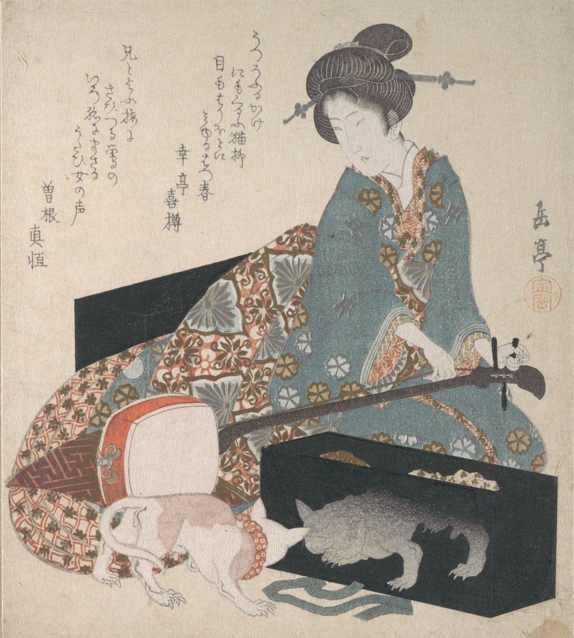 调整三味线的女人和一只看着自己倒影的猫，19世纪20年代中期。 作者 学亭
