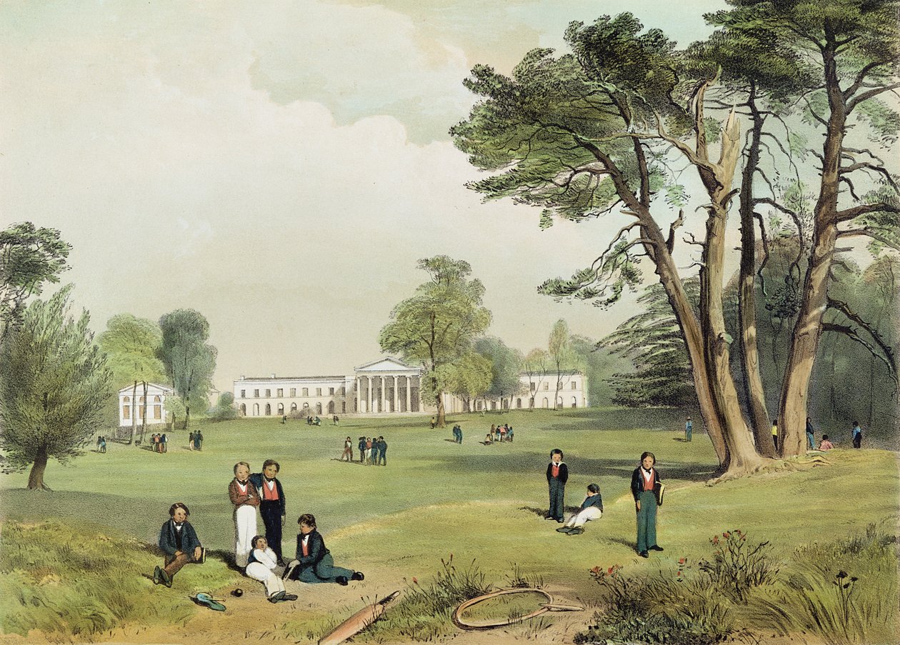 新教异议者语法学校和教堂，米德尔塞克斯米尔山，由 D. Fowler 于 1830 年从大自然中绘制 作者 盖尔·罗伯特·利克