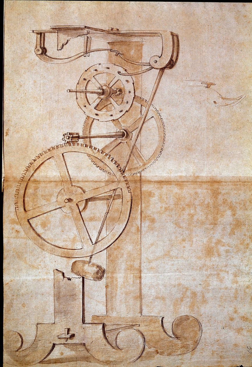 钟表是意大利天文学家和物理学家伽利略-伽利莱（1564-1642）在1638年研究的一种称重摆，用于测量时间。绘图。佛罗伦萨，国家图书馆 作者 伽利略伽利略