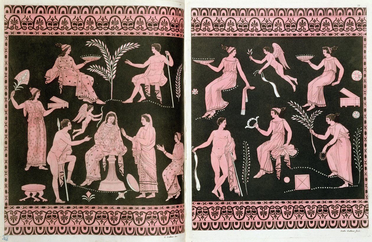 在1819年米兰J. Ferrario的&39;Le Costume Ancien et Moderne&39;之后，希腊古董花瓶之后的Eleusinian奥秘的启蒙现场（彩色雕刻） 作者 加洛·加里纳（Gallo Gallina）