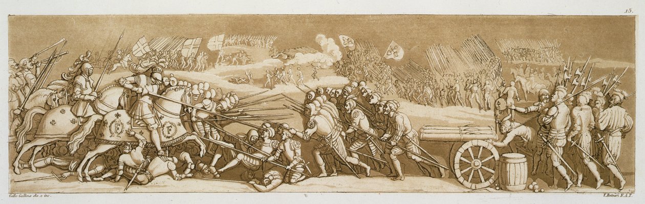 Melegnano战役，1515年，由Jules Ferrario创作的“Le Costume Ancien et Moderne”中的第15块，由Vittorio Raineri雕刻，出版于1820年代至30年代 作者 加洛·加里纳（Gallo Gallina）