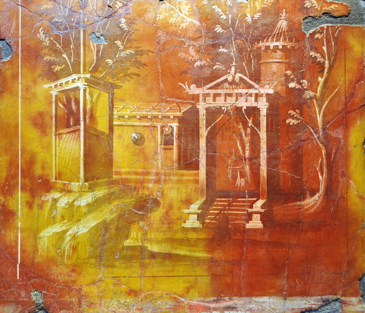 罗马艺术：帕皮里别墅（壁画）中带有神庙和神圣入口的建筑景观 作者 加洛小说