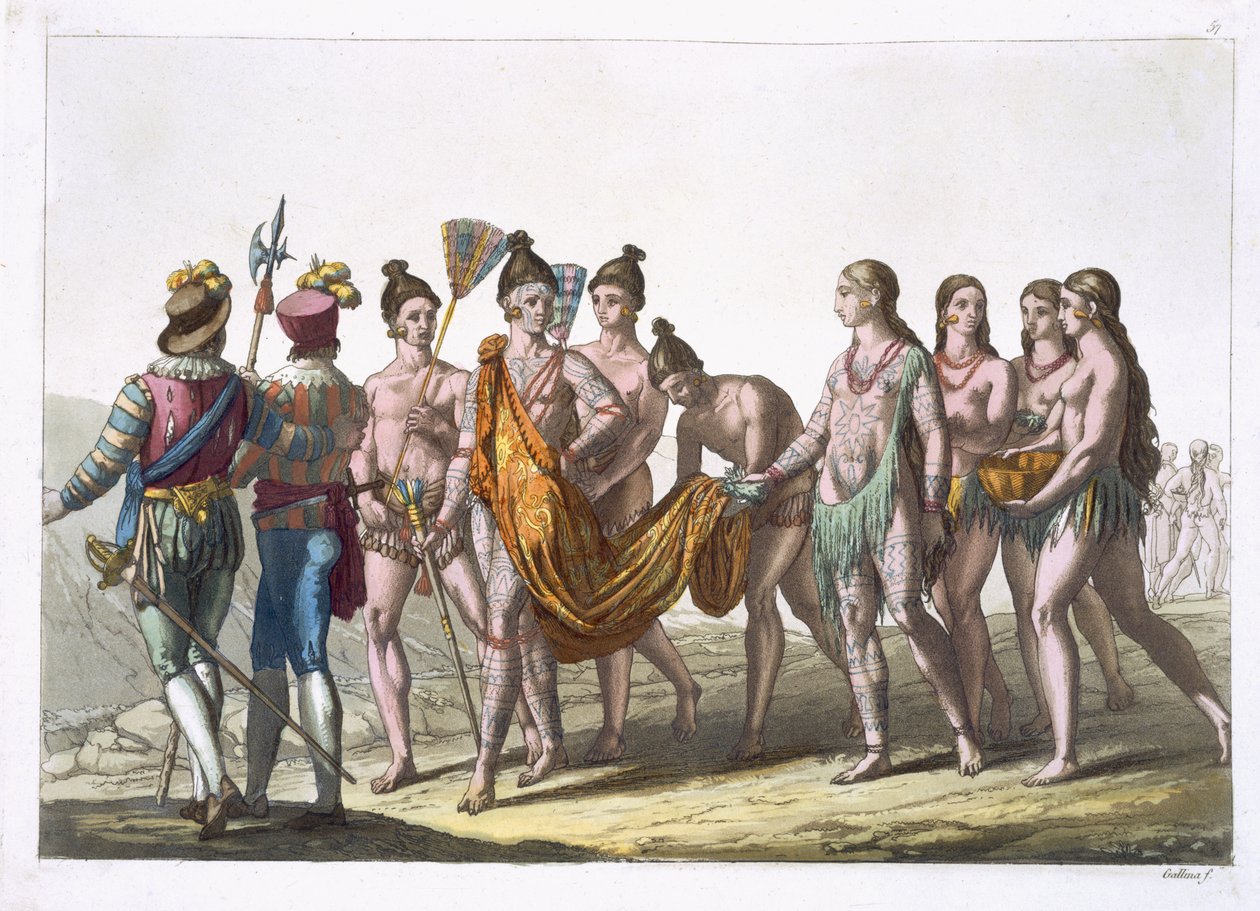 美国原住民寡妇接受他们的酋长许可，由Jules Ferrario撰写的“Le Costume Ancien et Moderne”获得第57页，出版于1820年代至30年代 作者 加洛·加里纳（Gallo Gallina）