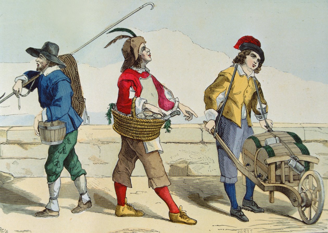 路易十三（1601-43）时代的清洁工，牡蛎卖家和醋卖家，来自&39;Travers les Siecles&39;的编辑。罗伊，1887年出版（彩色版画） 作者 加西亚