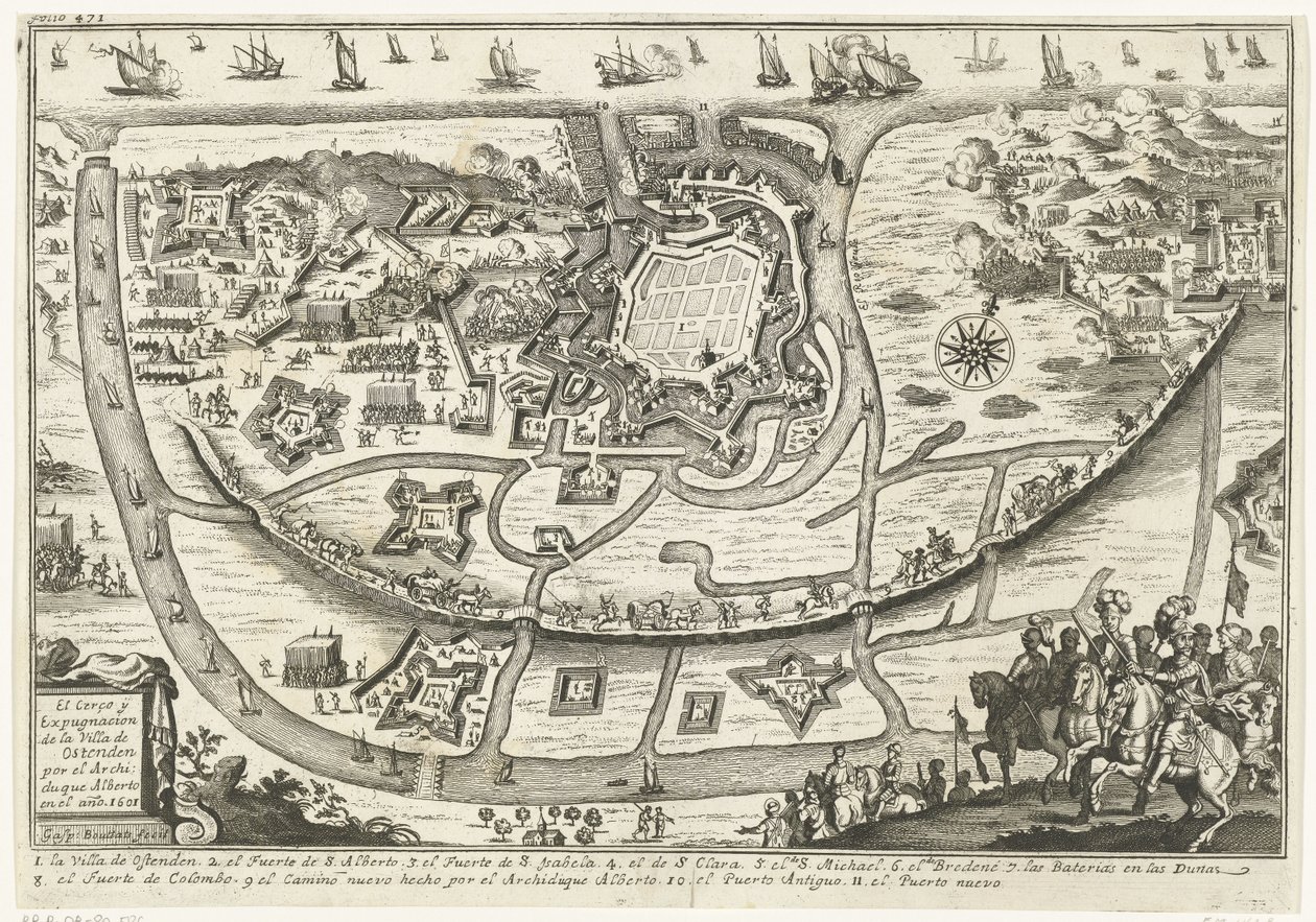 贝勒格-范-奥斯滕德, 1601 年
1601 年阿尔伯特大公对奥斯坦德城的包围和驱逐（标题见实物） 作者 加斯帕·布塔兹（Gaspar Bouttats）