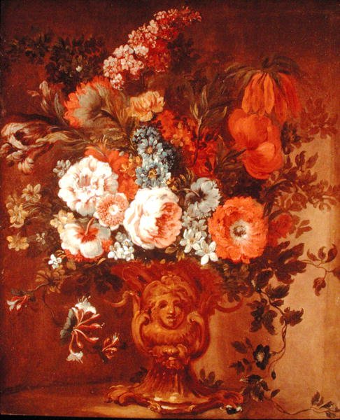 玫瑰，罂粟，金银花，股票和其他花在雕刻的花瓶里（布面油画） 作者 加斯珀·佩特（Gaspar Peeter）The Verbruggen