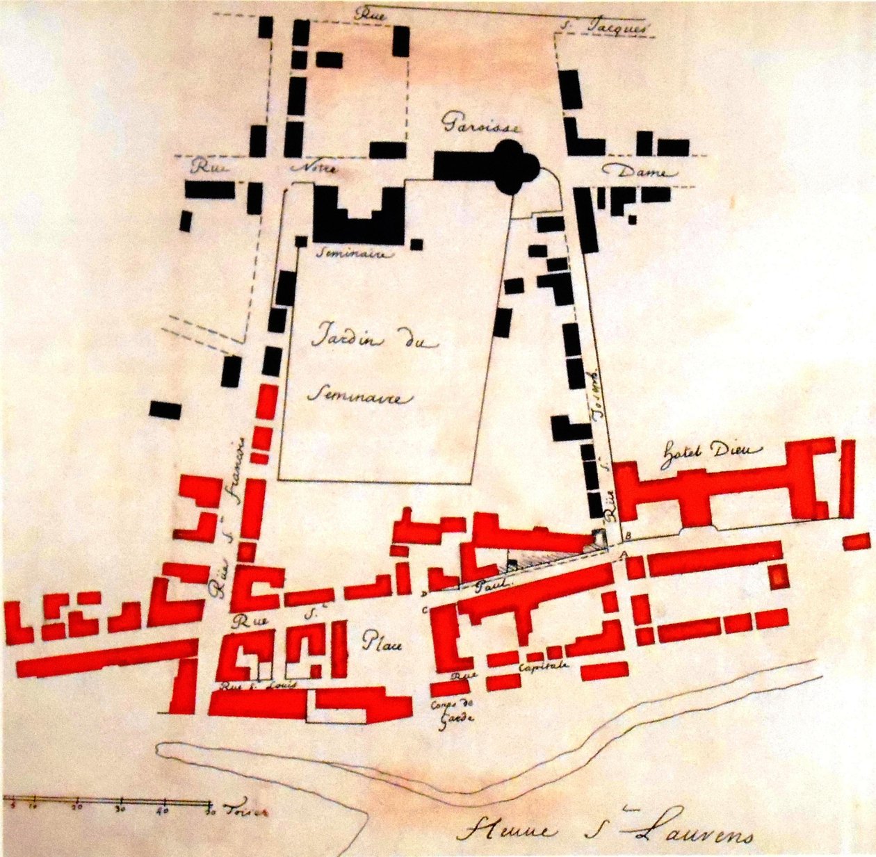 红色，蒙特利尔地区在火灾中被摧毁 作者 Gaspard Joseph Chaussegros deLéry
