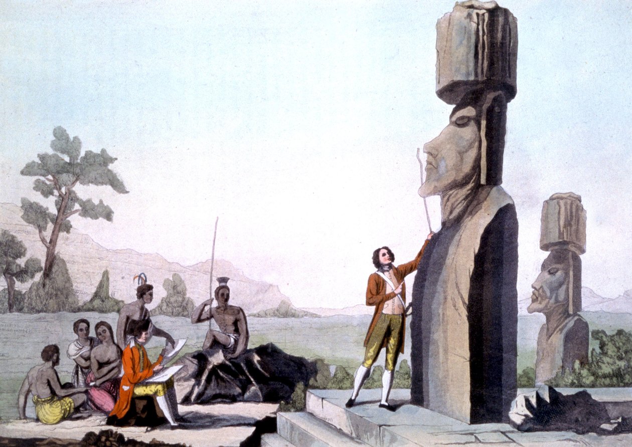 拉佩鲁兹和他的船员，测量复活节岛上的雕像（1786 年），雕刻 作者 加斯帕德（仿）万西公爵