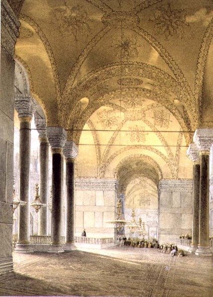 圣索菲亚大教堂，图版7：大殿入口，由路易斯-哈格（1806-85）雕刻，1852年出版（石印）。 作者 加斯帕德（后）福萨蒂