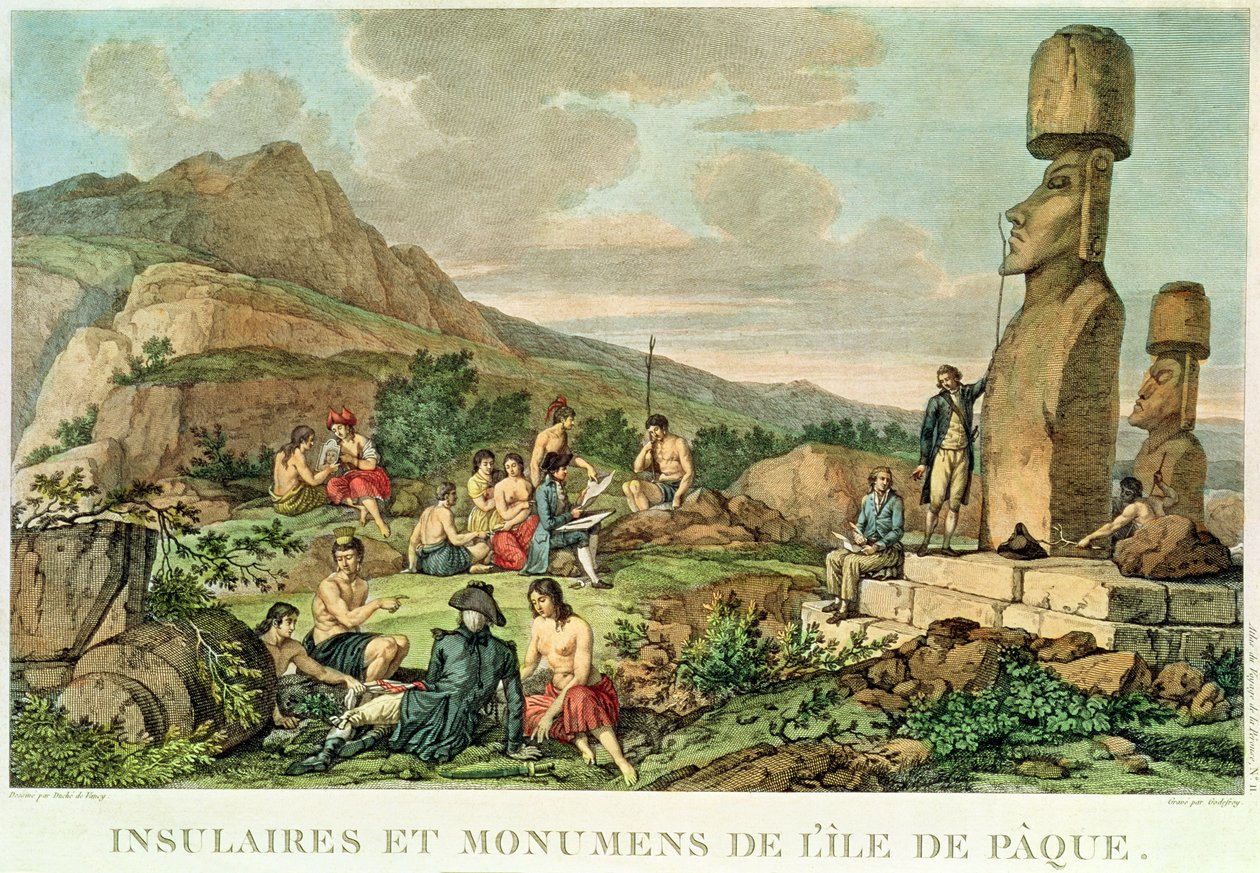 复活节岛上的岛民和纪念碑，来自Atlas de Voyage de La Perouse的11号板，1785-88（雕刻） 作者 加斯帕德·杜切·德·万西