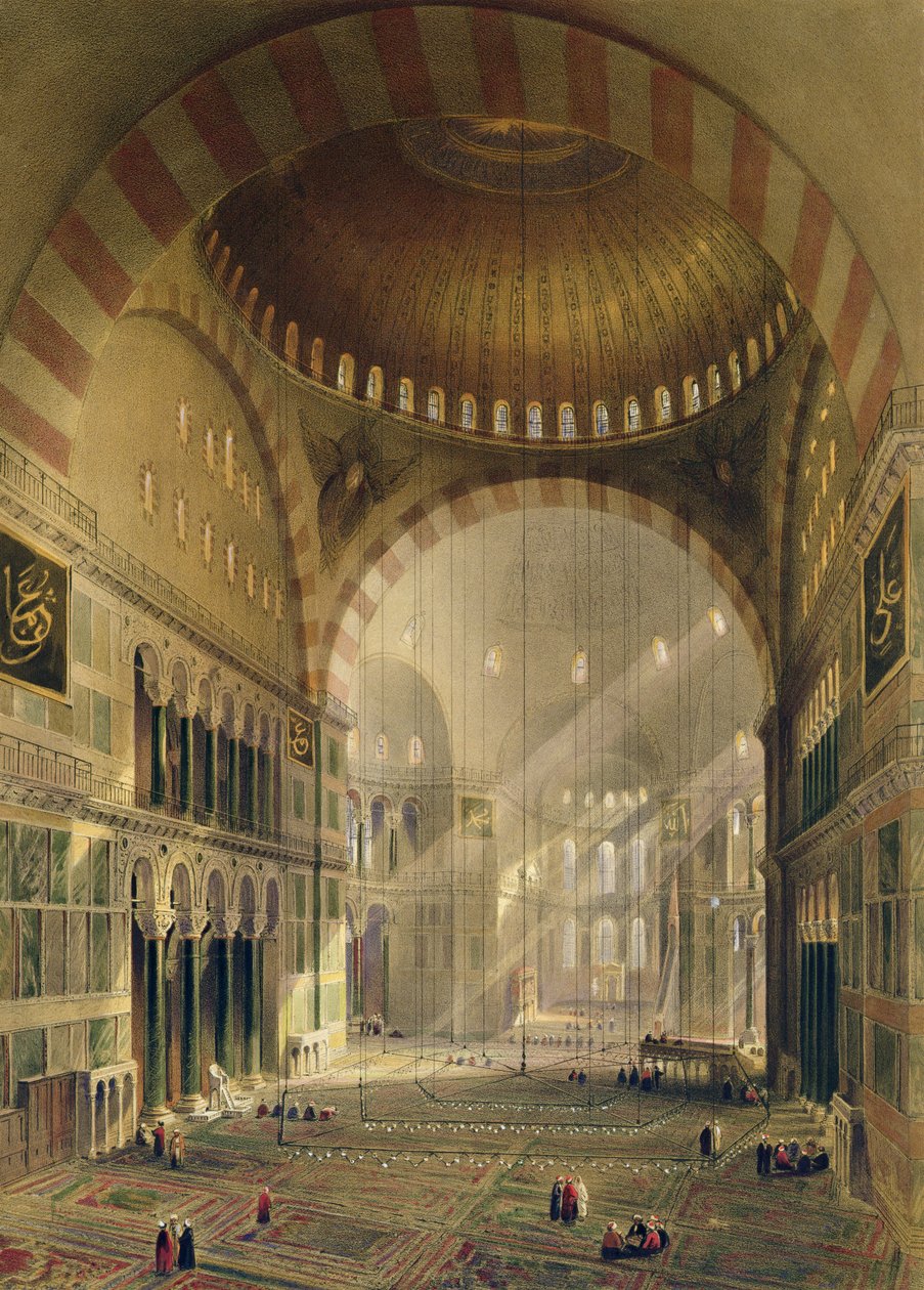 Haghia Sophia，板块24：中央圆顶内部有降低的枝形吊灯，由Louis Haghe（1806-85）雕刻，1852年出版 作者 加斯帕德·福萨蒂（Gaspard Fossati）