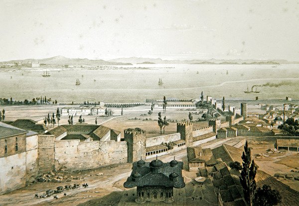 君士坦丁堡城墙全景，板块23来自《Aya Sofia Constantinople》，由Louis Haghe（1806-85）1852年雕刻（彩色平印）。 作者 加斯帕德·福萨蒂（Gaspard Fossati）