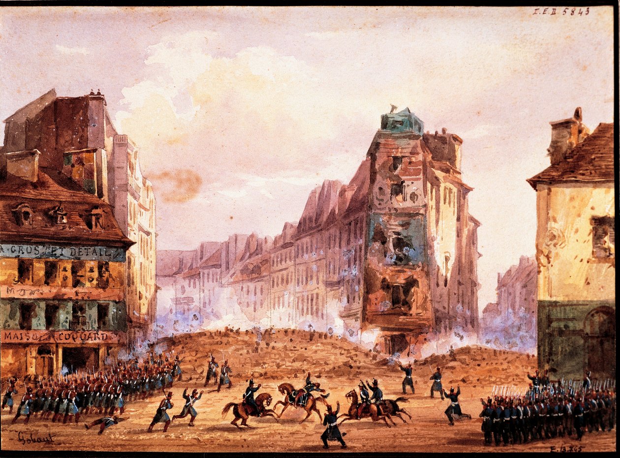 1848 年大革命场景，二月圣凯瑟琳文化街街垒，法国戈博作品 作者 加斯帕德·戈博特