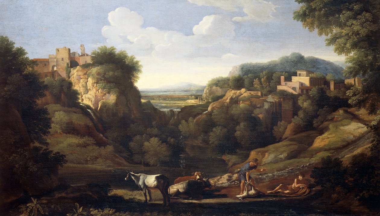 意大利显示狩猎场景的风景画，作者是加斯帕德-杜格特（1615-1675）。 作者 加斯帕德·普桑·杜格（Gaspard Poussin Dughet）