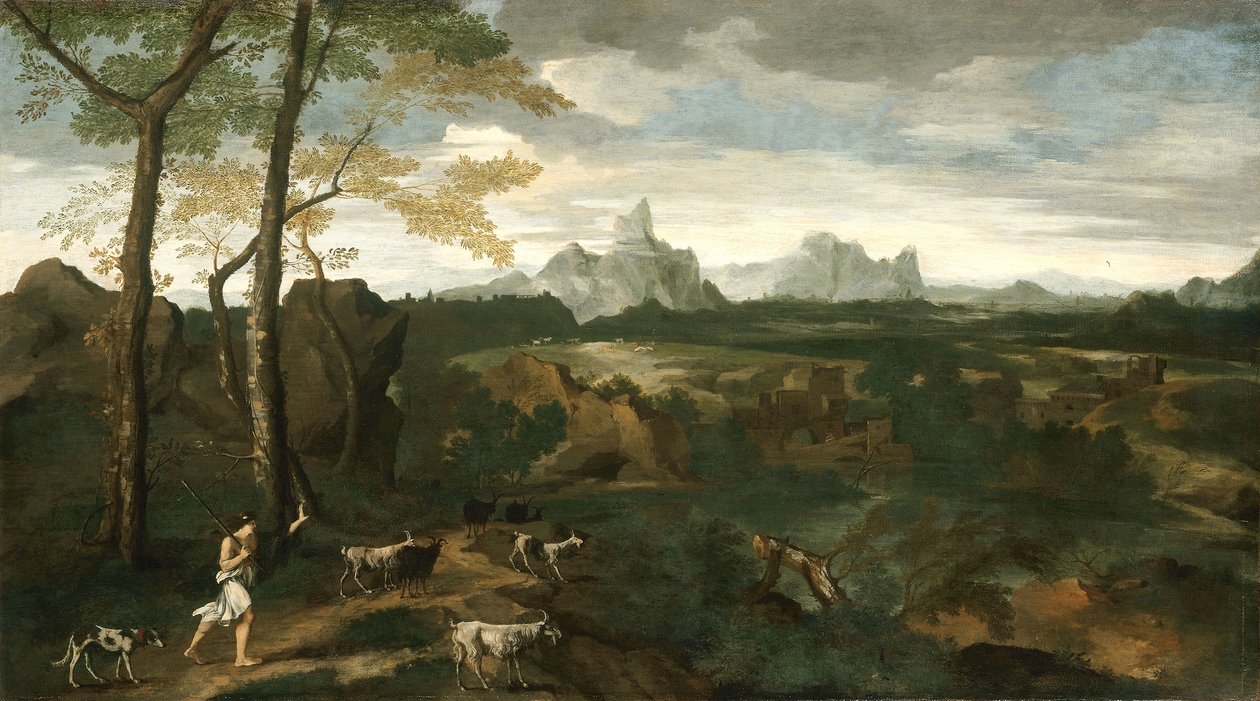 有牧人和山羊的风景，c.1635（布面油画） 作者 加斯帕德·普桑·杜格（Gaspard Poussin Dughet）