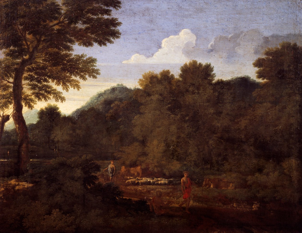 有羊群的风景，由Gaspard Dughet（1615-1675）创作，布面油画，50x66厘米。 作者 加斯帕德·普桑·杜格（Gaspard Poussin Dughet）