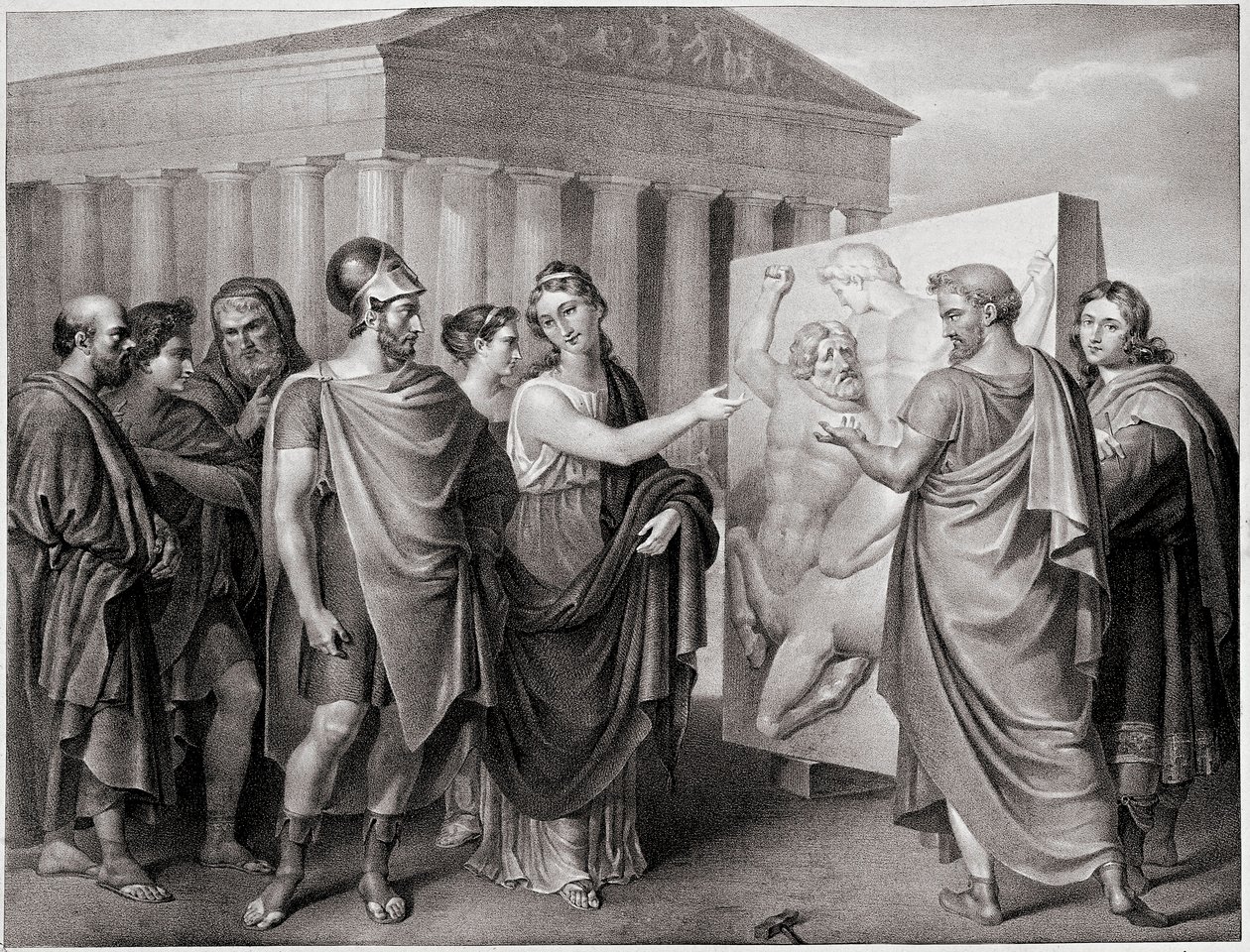 雅典政治家 Pericles（公元前 495-429 年）和他的同伴 Aspasie 指导 Phidias 为帕台农神庙的工作 a Athenes（Pericles 和 Aspasia 指导 Phidias 为雅典的帕台农神庙工作）在 Gaspare Landi（1756-1830 年）的一幅画之后雕刻。 19日 作者 加斯帕兰迪