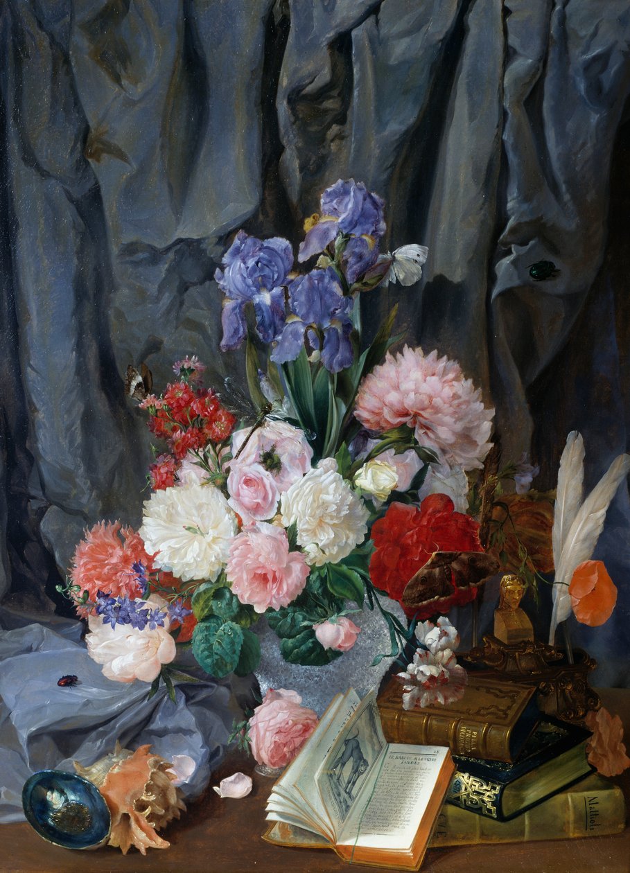 有切花花瓶、贝壳和书籍的静物，加斯帕雷-马蒂奥利创作，布面油画，意大利 作者 加斯帕雷·马蒂奥利