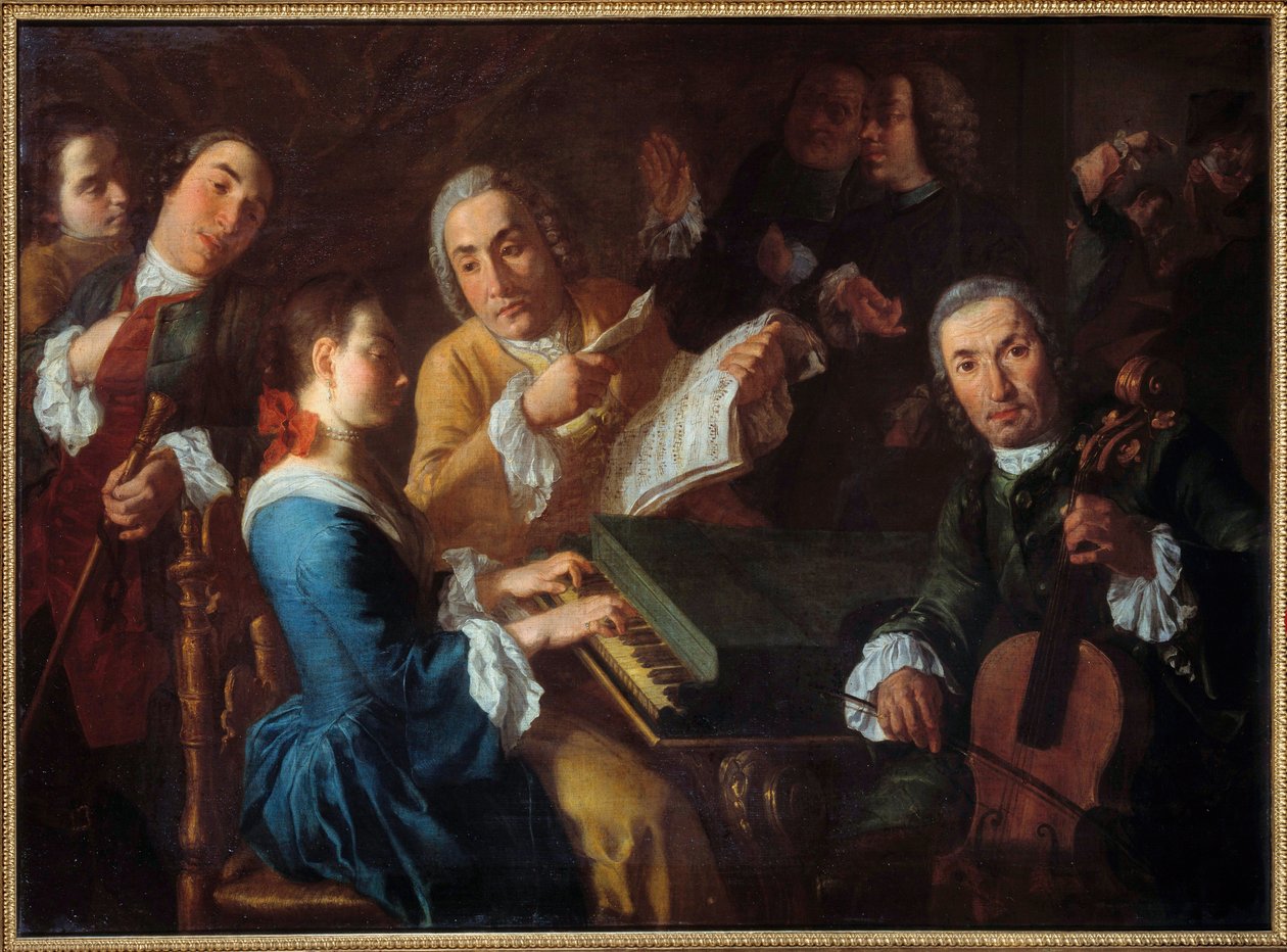 音乐会 演奏大键琴的音乐家和大提琴手。 Gaspare Traversi (1722-1770) 18 世纪的画作。 0,96x1,3 m 鲁昂，Musee des Beaux Arts 作者 加斯佩·特拉沃西