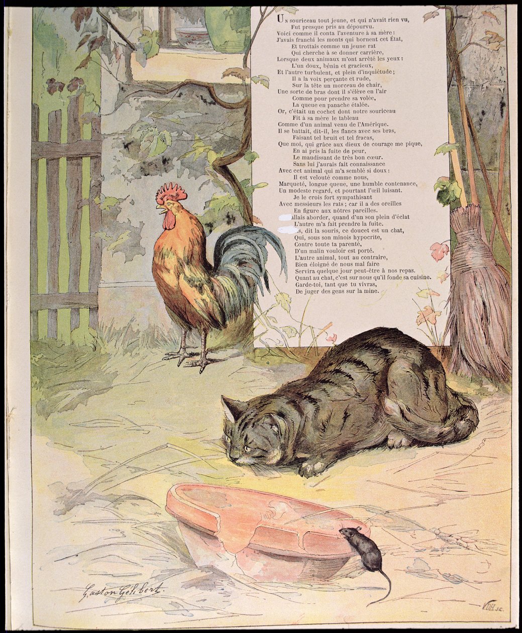 年轻的小公鸡，猫和年轻的老鼠，来自Jean de La Fontaine的“寓言”（1621-95）1888（彩色雕刻） 作者 加斯顿·盖利伯特