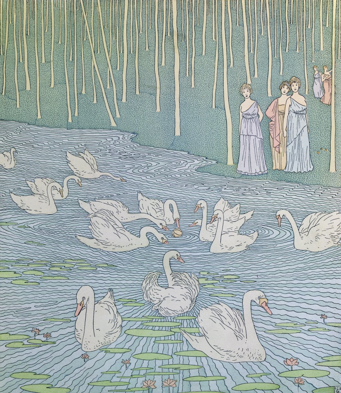 娜乌西卡和她的同伴玩球，从奥德赛的第6册插图，由Lecomte de lIsle翻译，c.1900 作者 加斯顿·德·拉特奈