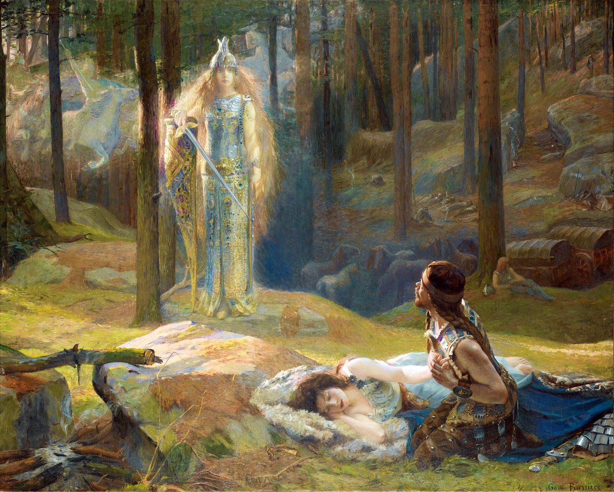La Revelation, Brunnhilde (Brunehilde, Brynhildr) decouvrant Siegmund et Sieglinde - 启示录。 Brunhilde Seeing Siegmund and Sieglinde by Bussiere, Gaston (1862-1928) 作者 加斯顿布西埃